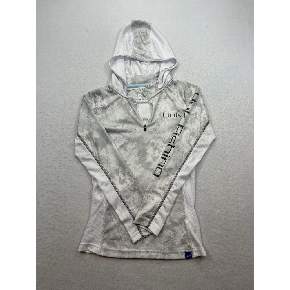 Huk Women Icon X 1/4 Zip Performance Fishing Hoodie White Gray Camo XS NWOT - Picture 2 of 9